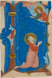 Ber Saint (Moses?) med Kristus i ett historiskt initialt "L", från en körbok
