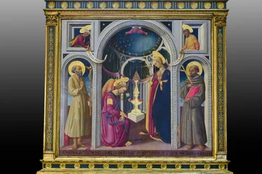 Bebådelsen mellan Franciskus och Hieronymus (målning på pannå)