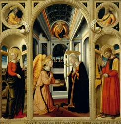 Bebådelse som visar St Apollonia, St Lukas och profeterna David och Jesaja, av Neri di Bicci (1418-1492)