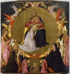Jungfru Marias kröning med änglar och fyra helgon. Omkring 1470