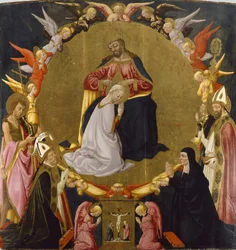 Jungfruns kröning med änglar och fyra helgon, omkring 1470-75