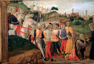 Totila, östgoternas kung på besök hos Benedikt av Nursia - Detalj av Predelle, ca. 1470
