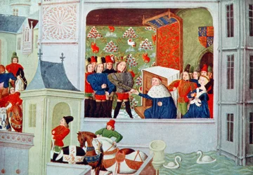 Harl 4380 f.117 Intervju av Richard II och hertigen av Gloucester i Pleshy Castle, från 