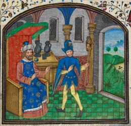 Harley 3000, f.189 En dåre med sin herre, från en timbok av Mildmay Master, ca 1460-70 (vellum)