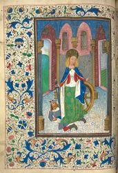 Miniatyr av Katarina av Alexandria, med den romerske kejsaren Maxentius (Marcus Aurelius Valerius Maxentius Augustus) (vellum)
