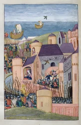 Ms 324 f.324 v. Minos belägrar Megara. Scylla klipper förrädiskt sin fars hår och flyger, från Metamorphoses 8 av Ovid, 1479