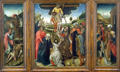 The Deposition, flankerad av (L) Adam och Eva Mourning Abel och (R) Josephs Coat Visad to Jacob, triptyk, c.1470 (panel)