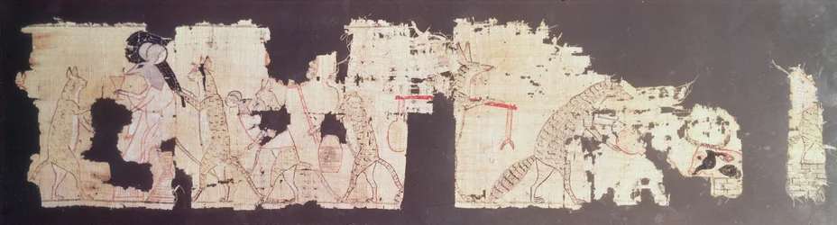 Satirisk papyrus som visar en mus som betjänas av katter (papyrus)