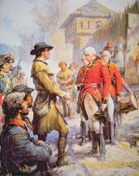 George Rogers Clark accepterar överlämnandet av den brittiske befälhavaren Henry Hamilton vid Fort Sackville, 25 februari 1779 (färg litho)