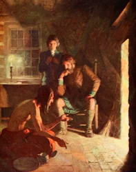 Indian Longthought-möte i ett tidigt nybyggarhem (färg litho)