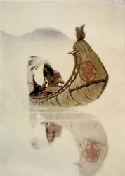 Frontispice från The Song of Hiawatha av Henry Wadsworth Longfellow (1807-82), pub. av George G. Harrap und Company Ltd., 1911 (mjukmarkerad etsning)