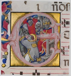 Manuskriptbelysning med Sankt Stefans martyrskap i en initial E..., c1394-1402.