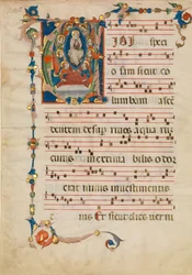 Manuskriptblad med jungfruns antagande i ett initialt V, från ett antifonarium, ca. 1340.