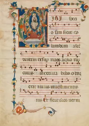 Manuskriptblad med jungfruns antagande i ett initialt V, från ett antifonarium, ca. 1340