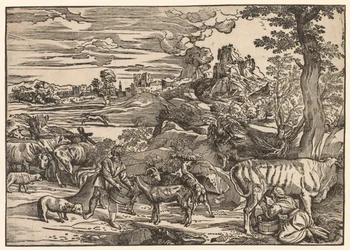 Landskap med en mjölkpiga, ca. 1525.