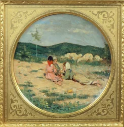 Tallrik målad med figurer av herdar, av Niccolo Cannicci, cirka 1880, olja på terrakotta tallrik