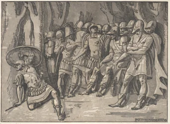 Ajax nedre vänster håller en sköld högt, till höger står Agamemnon omgiven av hans..., 1540-50.