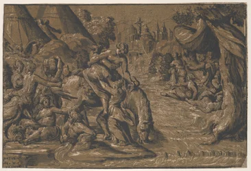 Cloelia, den romerska hjälten i centrum som hjälps upp på en häst, Rom i bakgrunden,..., 1540-50