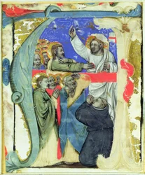 Historikert initial "A" som visar The Incredulity of St. Thomas, c.1370