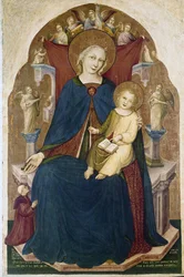 Madonna tronade med Child och två hängivna. Målning av Niccolo di Pietro Gerini