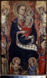 Madonna och barn med heliga och änglar. Madonna med barn, helgon och änglar. Målning av Niccolo di Pietro Gerini (cirka 1350-1415). Florentinsk konst, medeltiden. Tempera på trä. Eremitagemuseet, Sankt Petersburg