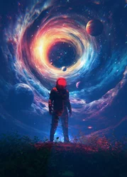 Astronaut framför en kosmisk portal