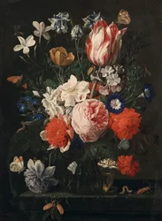 En ros, en tulpan, morning glory och andra blommor i en glasvas på en stenkant, 1671