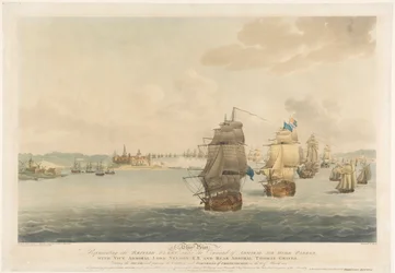Efter Pocock, detta tryck föreställer den brittiska flottan under amiral Sir Hyde Parkers befäl, med viceamiral Lord Nelson, K.B. och konteramiral Thomas Graves