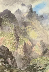 Grande Curral, Madeira, med ett sällskap turister i förgrunden och Pico Grande bortom (akvarell på papper)