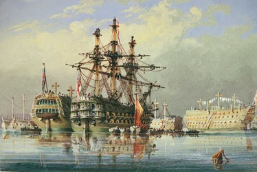 Fartyg i ordinarie trafik vid Devonport, ca 1850 (akvarell)