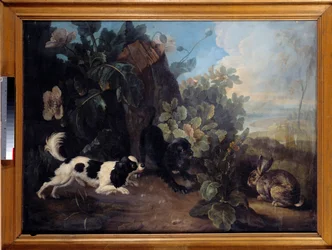 Två hundar och en kanin målning av Nicolas Desportes dit le Nepheu (1718-1787) 1757 sön. 0,97x1,3 m Paris, Louvren