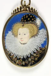 En dam som traditionellt identifieras som Anne, Lady Hunsdon (akvarell & kroppsfärg på veläng)