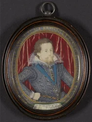 James I av England och VI av Skottland, ca 1610 (w/c, gouache och guld, penna och svart bläck på veläng)