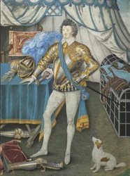 Porträtt av Sir Anthony Mildmay, riddare av Apethorpe, Northants, ca 1590-93 (wc på veläng monterat på kort, monterat på trä)
