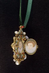 The Gresley Jewel, med miniatyrporträtt av Sir Thomas Gresley och hans brud Catherine Walsingham (se även 14568) (blandade media)