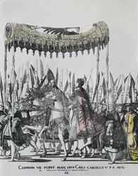 Hogenberg, Nicolas (1500-1539). Karl V:s kröning i Bologna. Karl V (1500-1558). Tysk-romersk kejsare (1519-1556) och som Karl I kung av Spanien (1516-1556); Clemens VII (1478-1534). Påve mellan 1523 och 1534