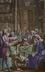 Elektriskt experiment gjort på en man av Abbe Jean Antoine Nollet (1700-70) i ett fysikerskåp, frontispiceillustration från Essai sur lelectricite des corps av Nollet, publicerad 1746, graverad av