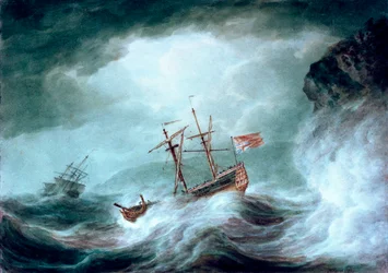 En storm med ett ankrad fartyg i nöd utanför klippig kust