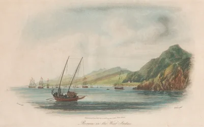 Set om tio: 1. Sir John Moores attack utanför Basse Terre Guadeloupe. 2. Rousseau i Västindien. 3. Guanahani eller Cat Island. ....