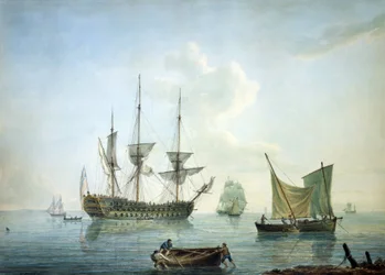 "Fregatt av tredje klass (70 kanoner), en fiskebåt och andra båtar utanför Englands sydkust