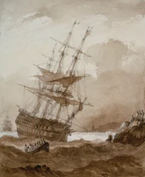 Tvådäckare i storm utanför kusten, sent 1700-tal till tidigt 1800-tal (brunmålad)