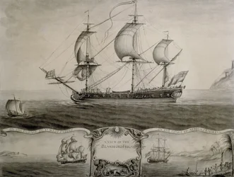 Vyer av Blandford-fregatten på väg till Västindien och handel på Afrikas kust, ca 1760 (penna  bläck och lavering)