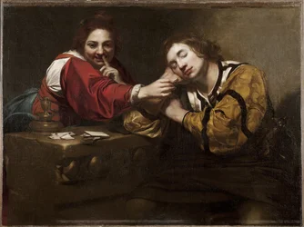Fortune Taling Scene (Sömn som väcks av en ung kvinna), av Renieri, Niccolo (Nicolas Regnier) (ca 1590-1667). olja på duk