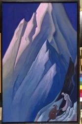 Hon som leder. I Himalayas berg rör en knästående man vid botten av en kvinnas dräkt, buddhistisk andlighet. Verk av Nicholas Roerich (1874-1947), tempera på duk