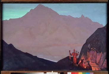 Chenrezig (Bodhidattva av medkänsla tillägnad Dalai Lama, eller Avalokiteshvara). Västra Tibet i Himalaya. (Buddhistiska munkar hyllar dess representation ingraverad på Himalayabergets vägg). Målning av Nicolas (Nicholas) Roeri