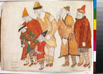 Folkets folk. Kostymer för operan ""Prins Igor"" av Alexander Borodin (Borodin) (1833-1887). Verk av Nicolas (Nicholas) Roerich (1874-1947), akvarell och gouache på papper
