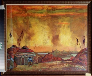 Polovtsien-lägret (eller Couman, Kouman). Förberedande dekor för operan ""Prins Igor"" av Alexandre Borodin (Borodin) (1833-1887). Verk av Nicolas (Nicholas) Roerich (1874-1947), tempera på papper