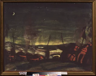 Polovtsian (eller Couman, Kuman) lägret på natten. Förberedande dekor för operan Prins Igor av Alexandre Borodin (Borodin) (1833-1887). Verk av Nicholas Roerich (1874-1947), tempera på papper