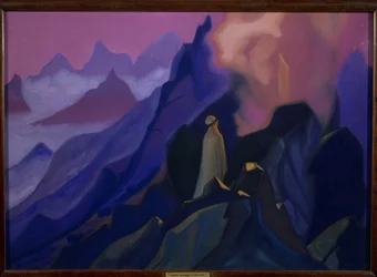 Profeten. Muhammed eller Muhammad (570-632) på berget Hira. Islam, episod ur uppenbarelsen år 610, i en grotta i Saudiarabiens öken. Verk av Nicolas Roerich (1874-1947)