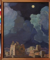 Macheski (Vitryssland). Månfolk. Verk av Nicholas Roerich (1874-1947), tempera och olja på kartong
